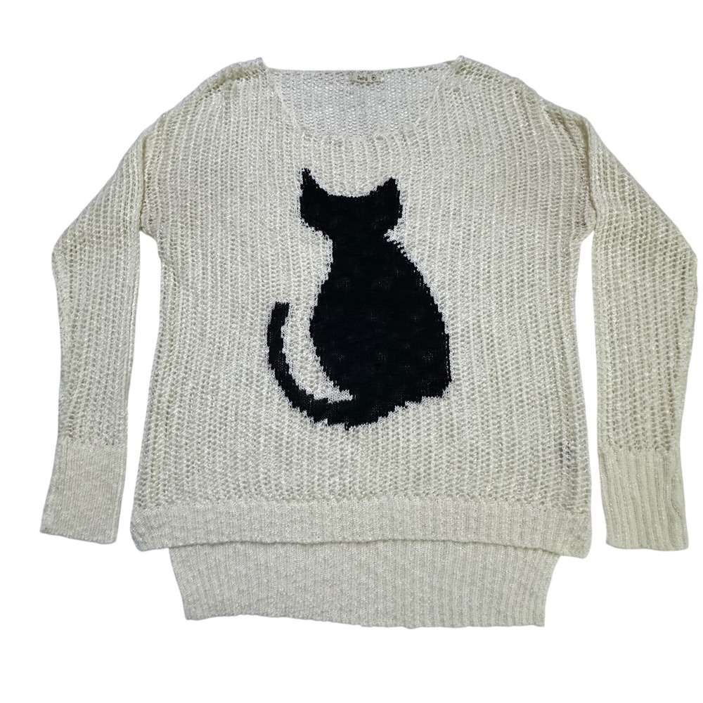Debut Black Cat Open Knit Sweater Pullover Womens‎ M/L Whimsy Mesh Novelty Light